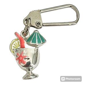 Tropical Drink Cocktail Glass Cup Clip Charm Zipper Pull Purse Bag Pink Keychain